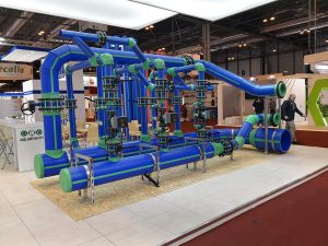Sistema de tuberías de polipropileno Aquatherm Blue Pipe en el stand de aquatherm ibérica en la feria de la climatización y refrigeración 2019.
